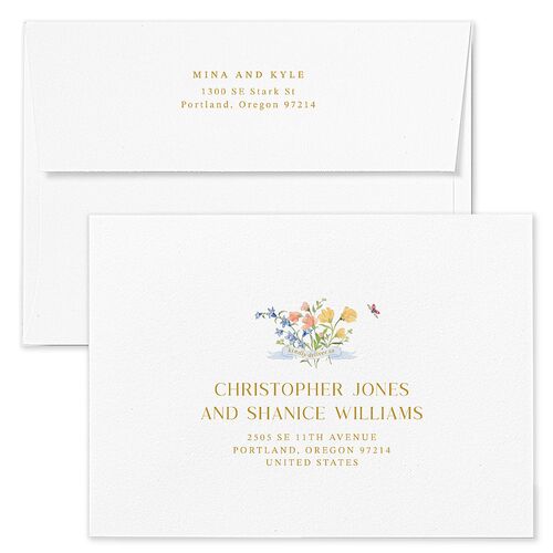 Fairytale Wildflower Crest Save The Date Card Envelopes White Daffodil Both Recipient and Return Addresses Signature Standard