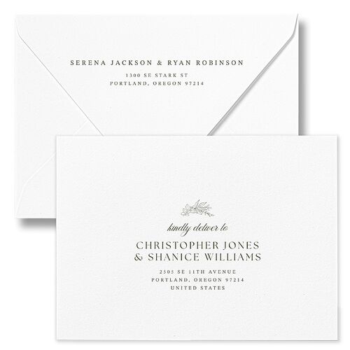 Elegant Garland Crest Wedding Invitation Euro Envelopes Dark Camo White Both Recipient and Return Addresses Luxe Signature