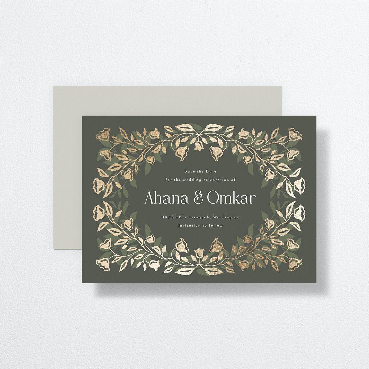 Rustic Nouveau Save the Date Cards front-and-back in green