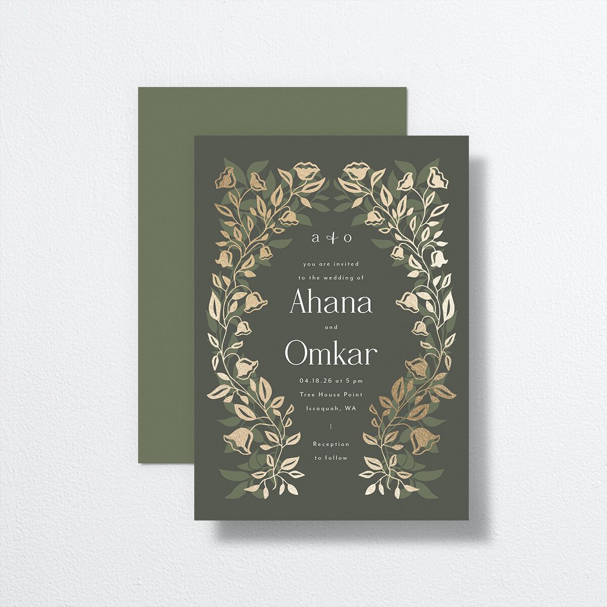 Rustic Nouveau Wedding Invitations front-and-back in green