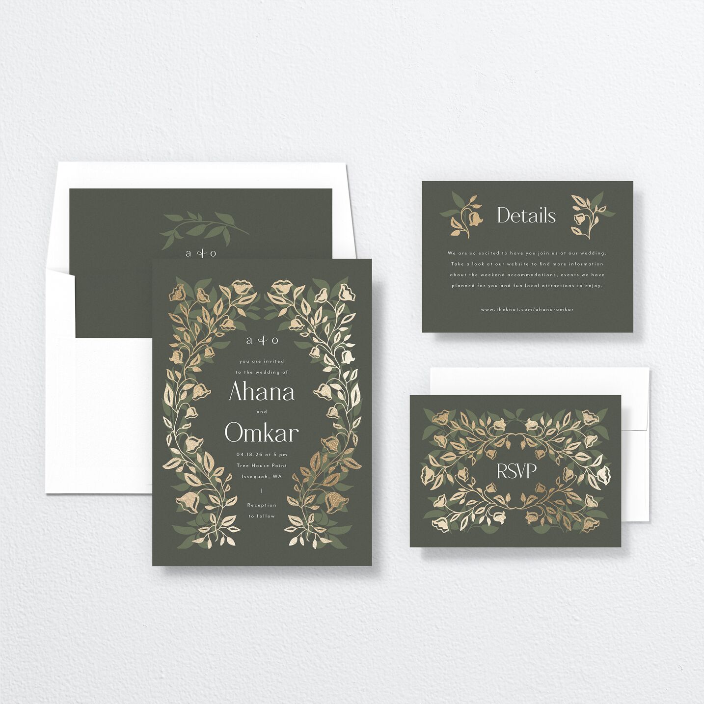 Rustic Nouveau Wedding Invitations suite in green