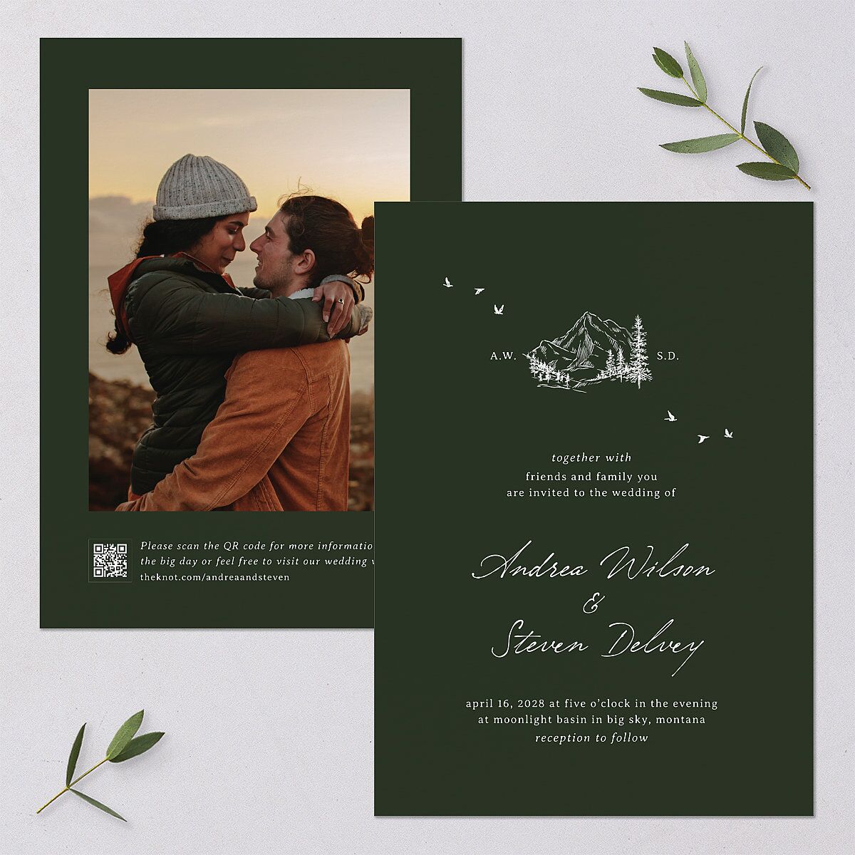 Elegant Mountain Monogram Wedding Invitations Dark Green Signature Blank Standard No