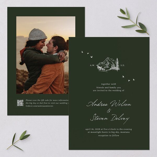 Elegant Mountain Monogram Wedding Invitations Dark Green Signature Blank Standard No