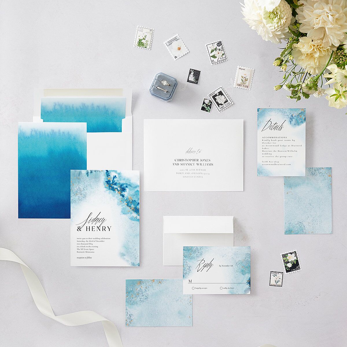 Painted Ethereal Wedding Invitations Aquamarine Signature Blank No