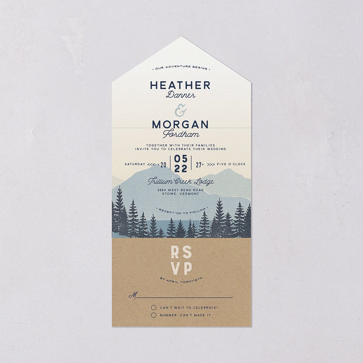 Vintage Mountain All-in-One Wedding Invitations Dusty Blue Signature Light Both Recipient and Return Addresses No