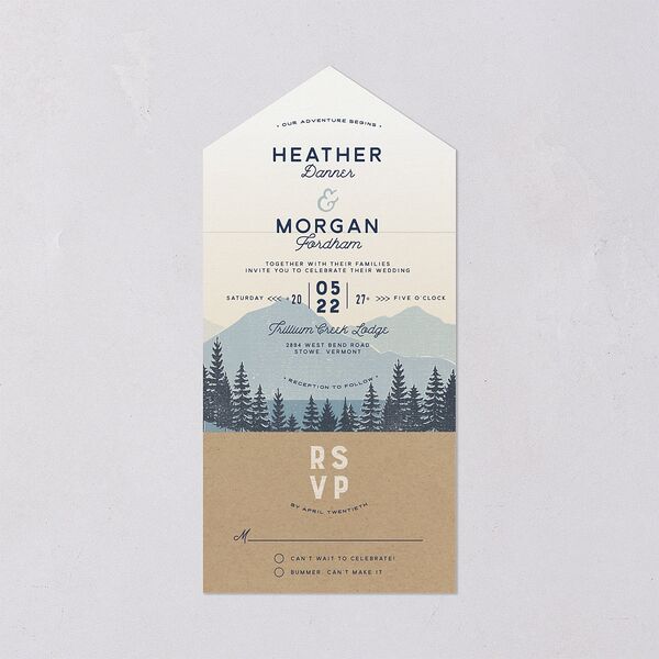 Vintage Mountain All-in-One Wedding Invitations Dusty Blue Signature Light Both Recipient and Return Addresses No