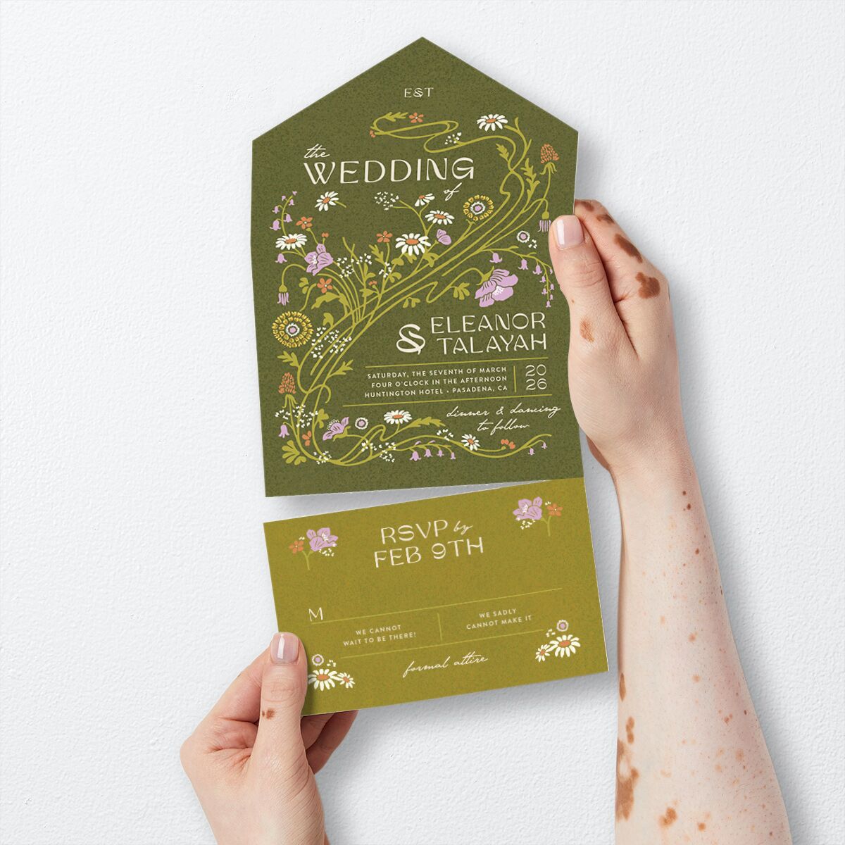 Wildflower Nouveau All-in-One Wedding Invitations card-and-rsvp in Green