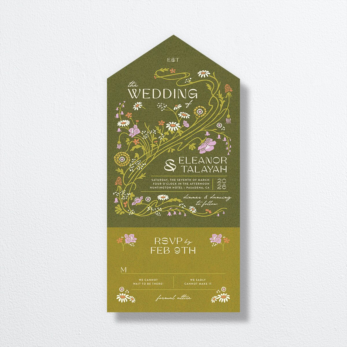 Wildflower Nouveau All-in-One Wedding Invitations front in Green
