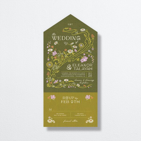 Wildflower Nouveau All-in-One Wedding Invitations front in Green