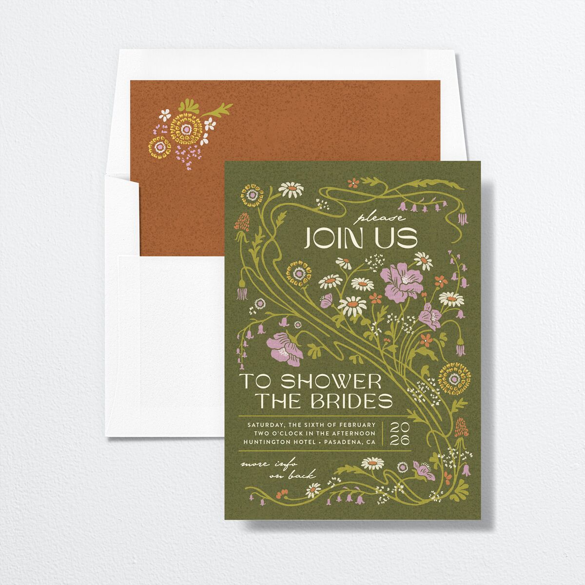 Wildflower Nouveau Bridal Shower Invitations envelope-and-liner in Green