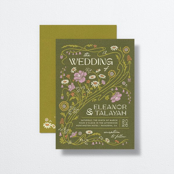 Wildflower Nouveau Wedding Invitations front-and-back in Green
