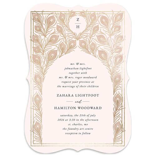 Peacock Nouveau Wedding Invitations Gold Dusty Rose Signature Blank No Bracket