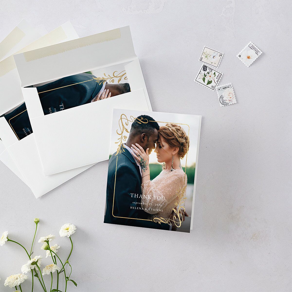 Nouveau Frame Thank You Cards Gold Dark Camo