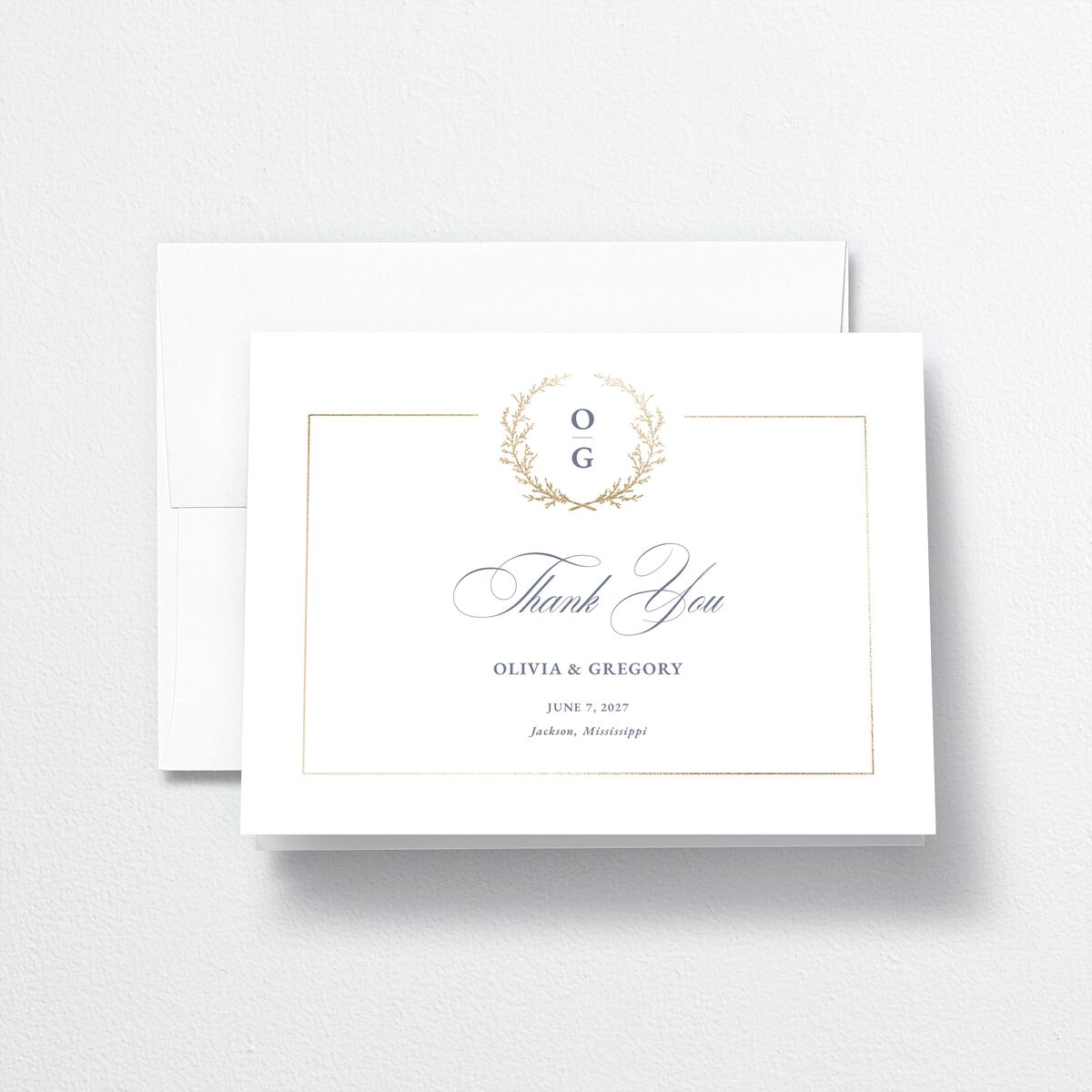 Gilded Wreath Thank You Cards Gold Dusty Blue