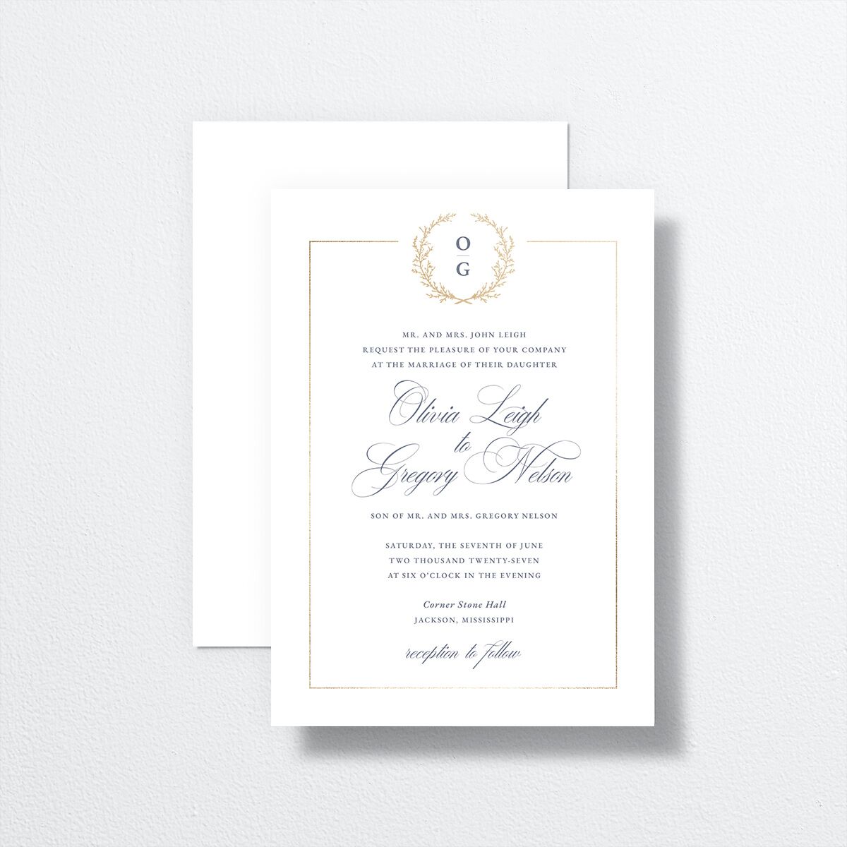 Gilded Wreath Wedding Invitations front-and-back in blue