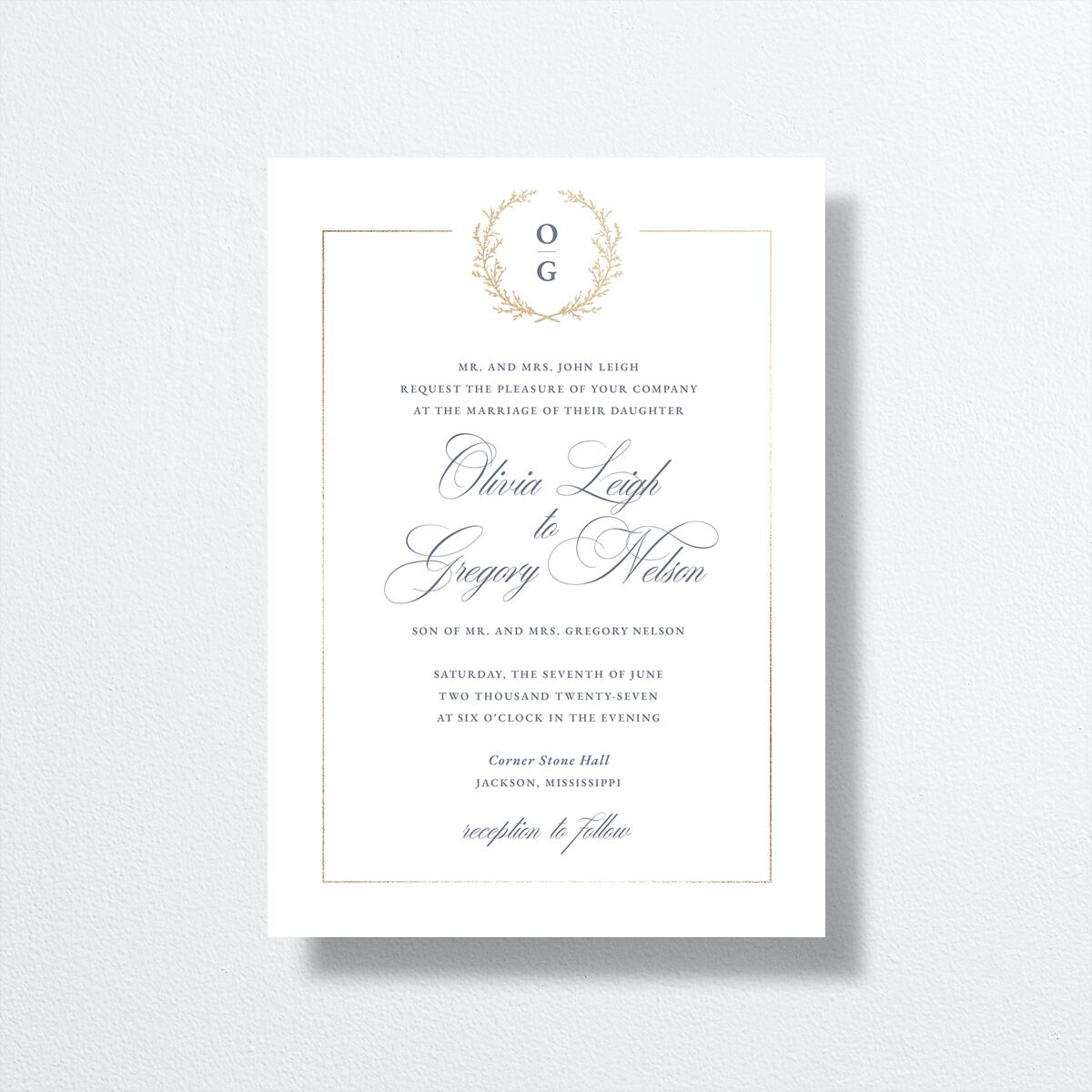 Gilded Wreath Wedding Invitations front in blue