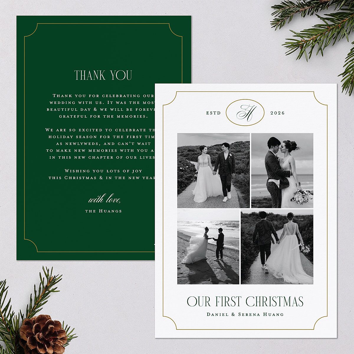 Elegant Monogram Greeting Holiday Cards Hunter Green Signature Blank Standard