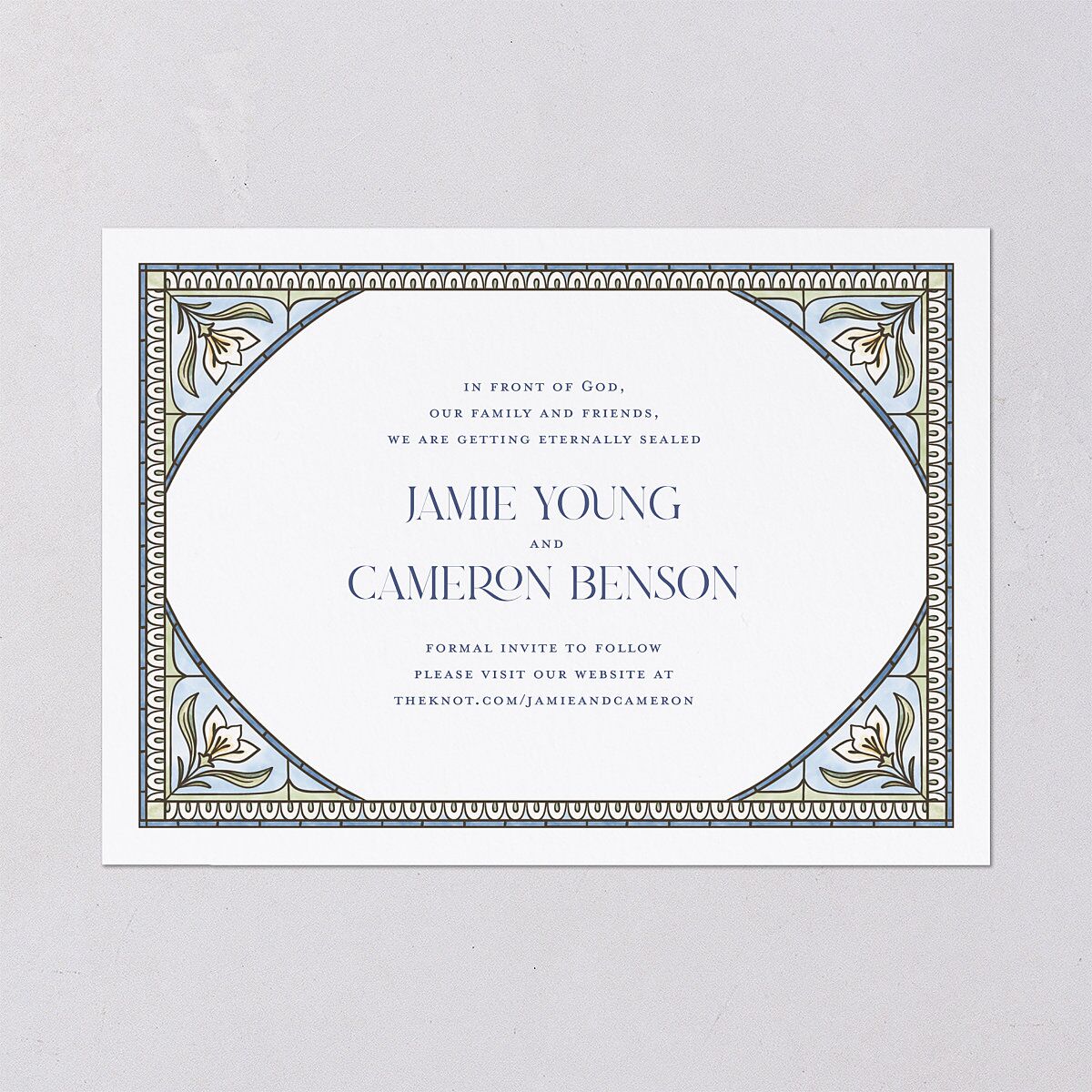 Church Stained Glass Save the Date Cards Moody Blue Signature smooth Blank No Standard