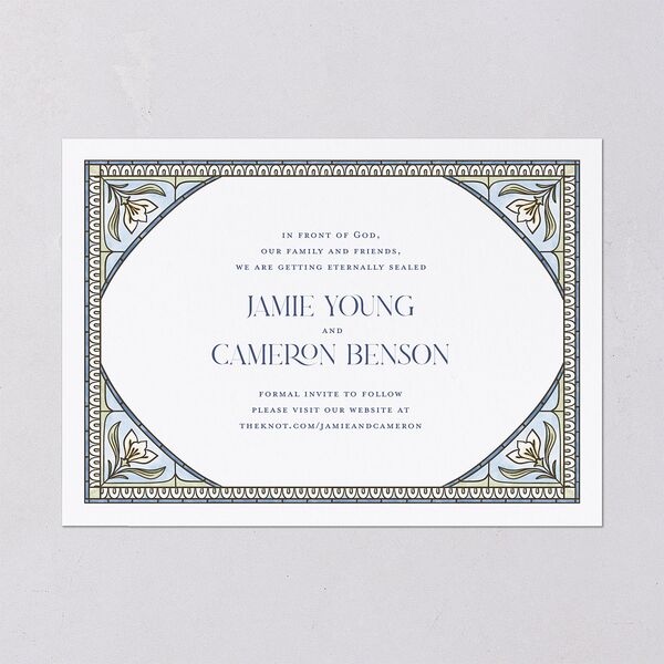 Church Stained Glass Save the Date Cards Moody Blue Signature smooth Blank No Standard