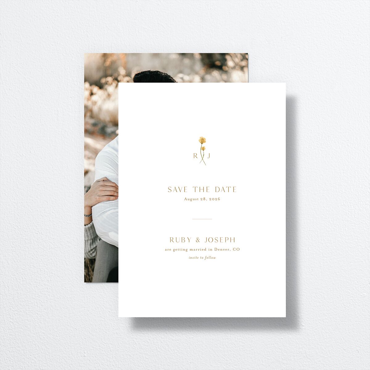 Dainty Monogram Save the Date Cards front-and-back in yellow