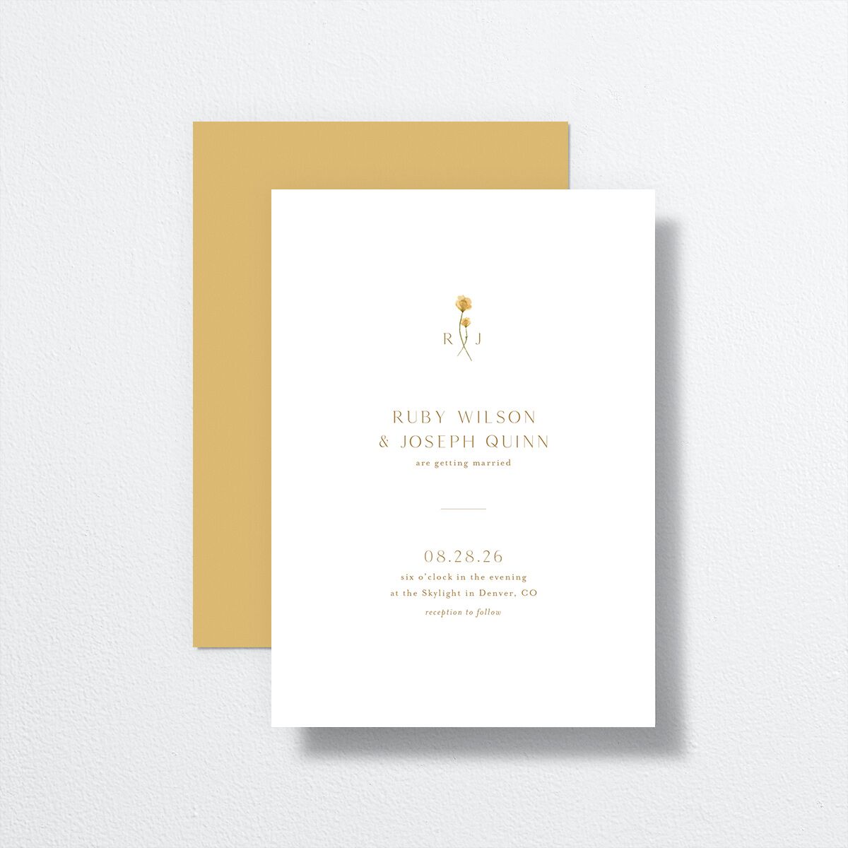 Dainty Monogram Wedding Invitations front-and-back in yellow