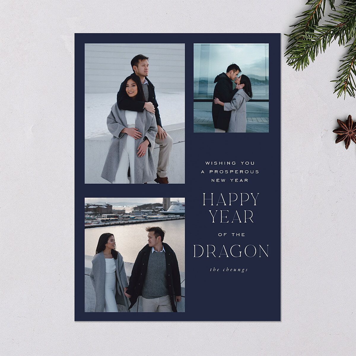 Lunar New Year Grid Holiday Cards Navy Signature Blank Portrait Standard