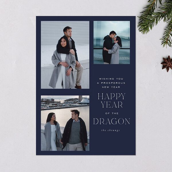 Lunar New Year Grid Holiday Cards Navy Signature Blank Portrait Standard