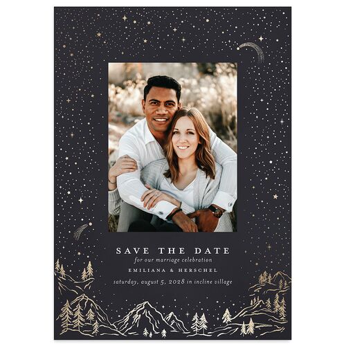 Mountain Sky Foil Save The Date Cards Gold Licorice Signature smooth Blank No Standard