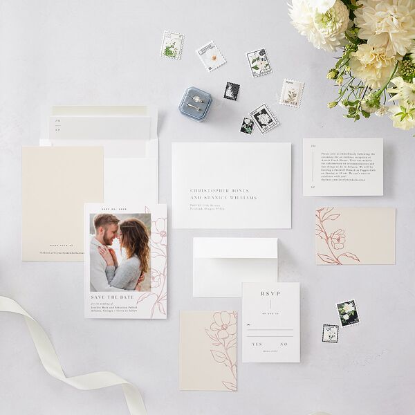 Floral Sketch Save The Date Cards Off-White Signature smooth Blank No