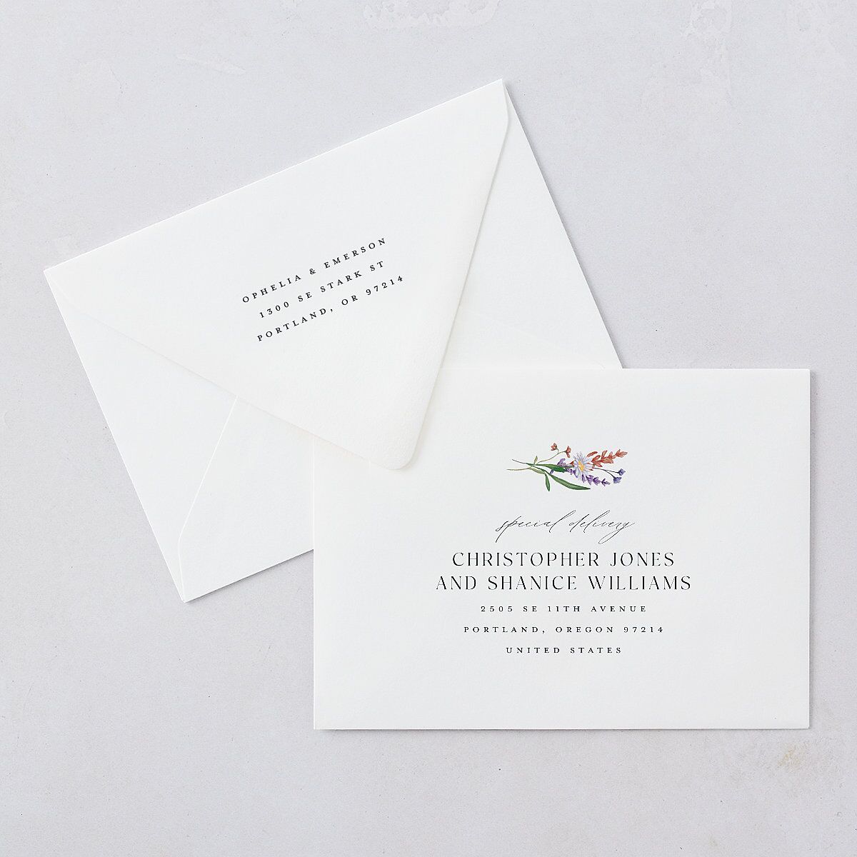 Mountain Wildflowers Wedding Invitation Euro Envelopes White Dusty Blue Both Recipient and Return Addresses Luxe Signature