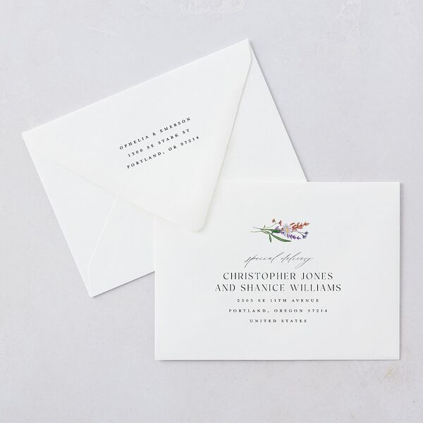 Mountain Wildflowers Wedding Invitation Euro Envelopes White Dusty Blue Both Recipient and Return Addresses Luxe Signature