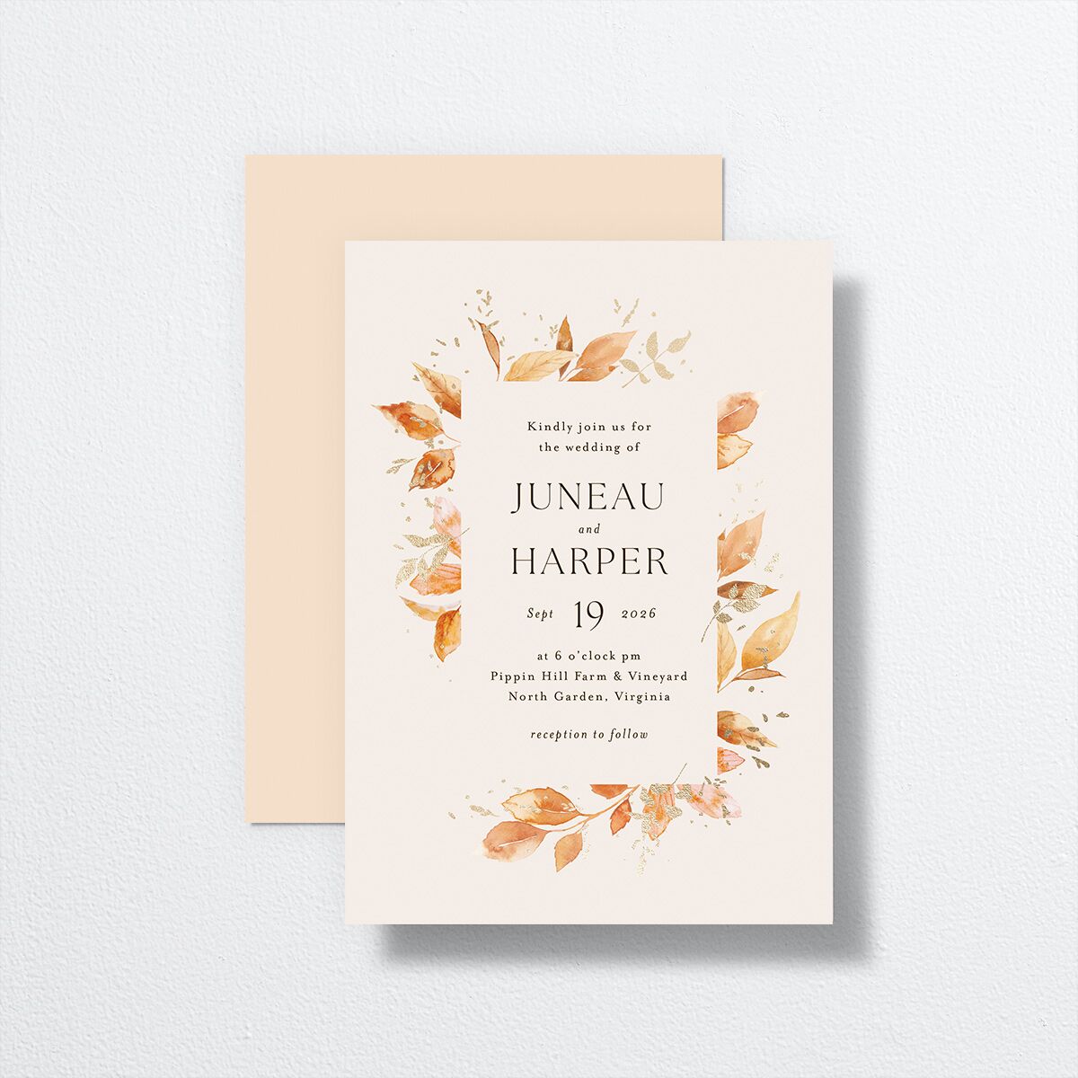 Autumn Frame Wedding Invitations front-and-back in orange