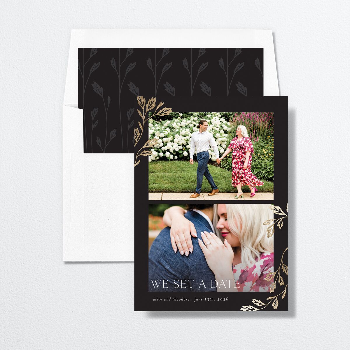 Arboretum Archway Save the Date Cards envelope-and-liner in Black