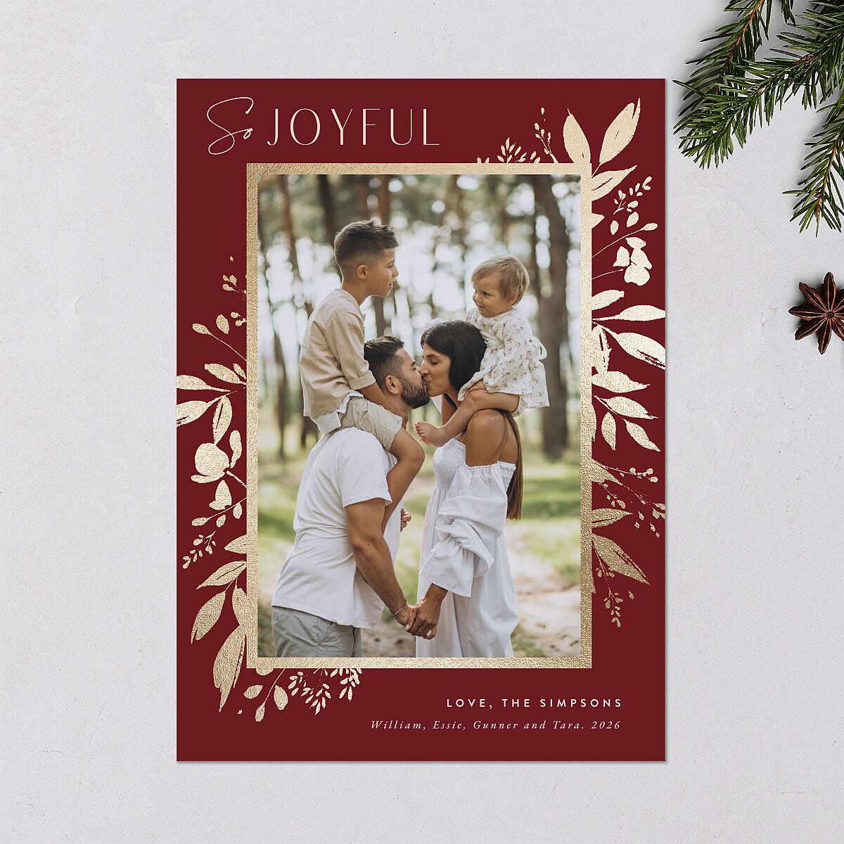 Festive Foliage Holiday Cards Gold Maroon Signature Blank Portrait Standard
