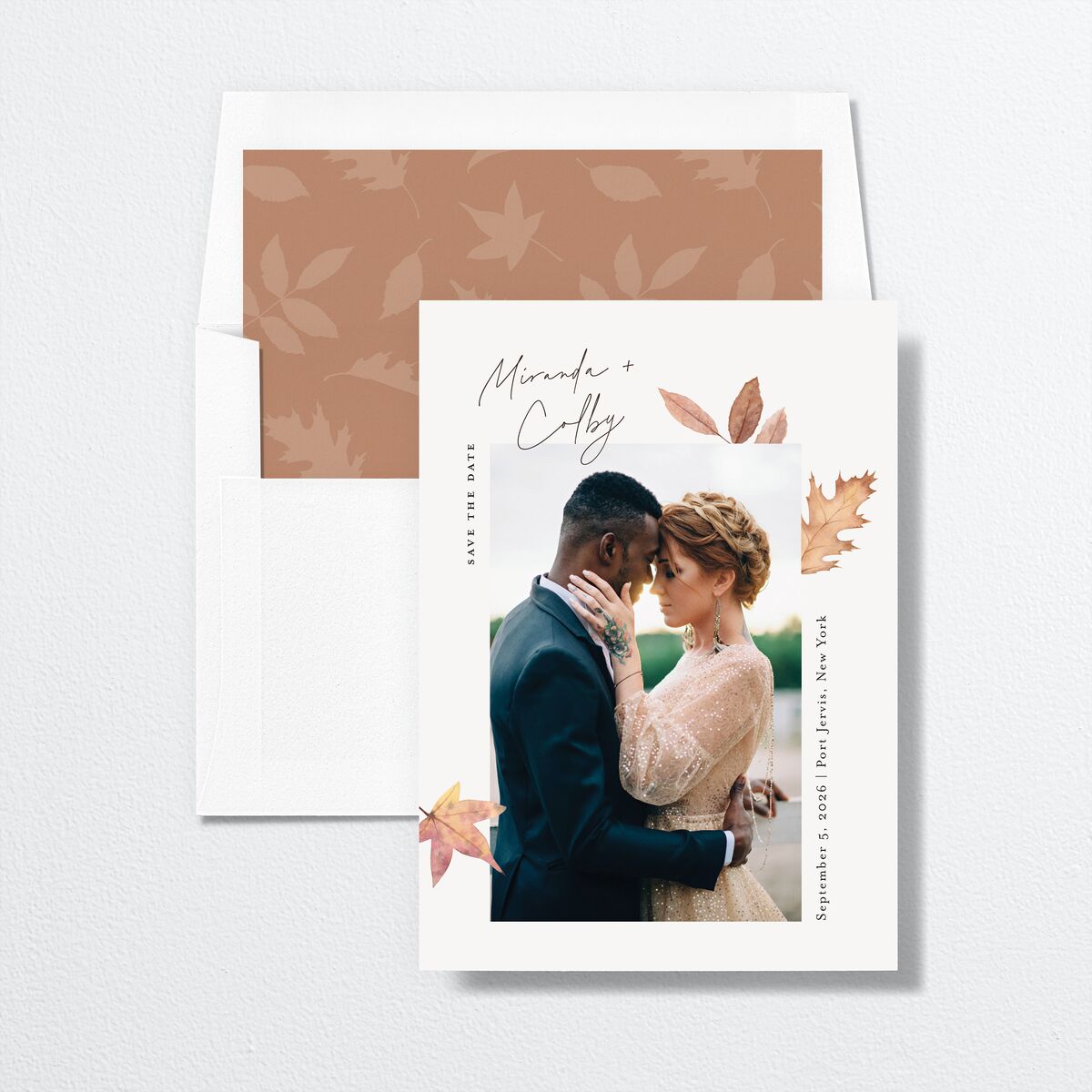 Falling Leaves Save the Date Cards Chestnut Signature smooth No