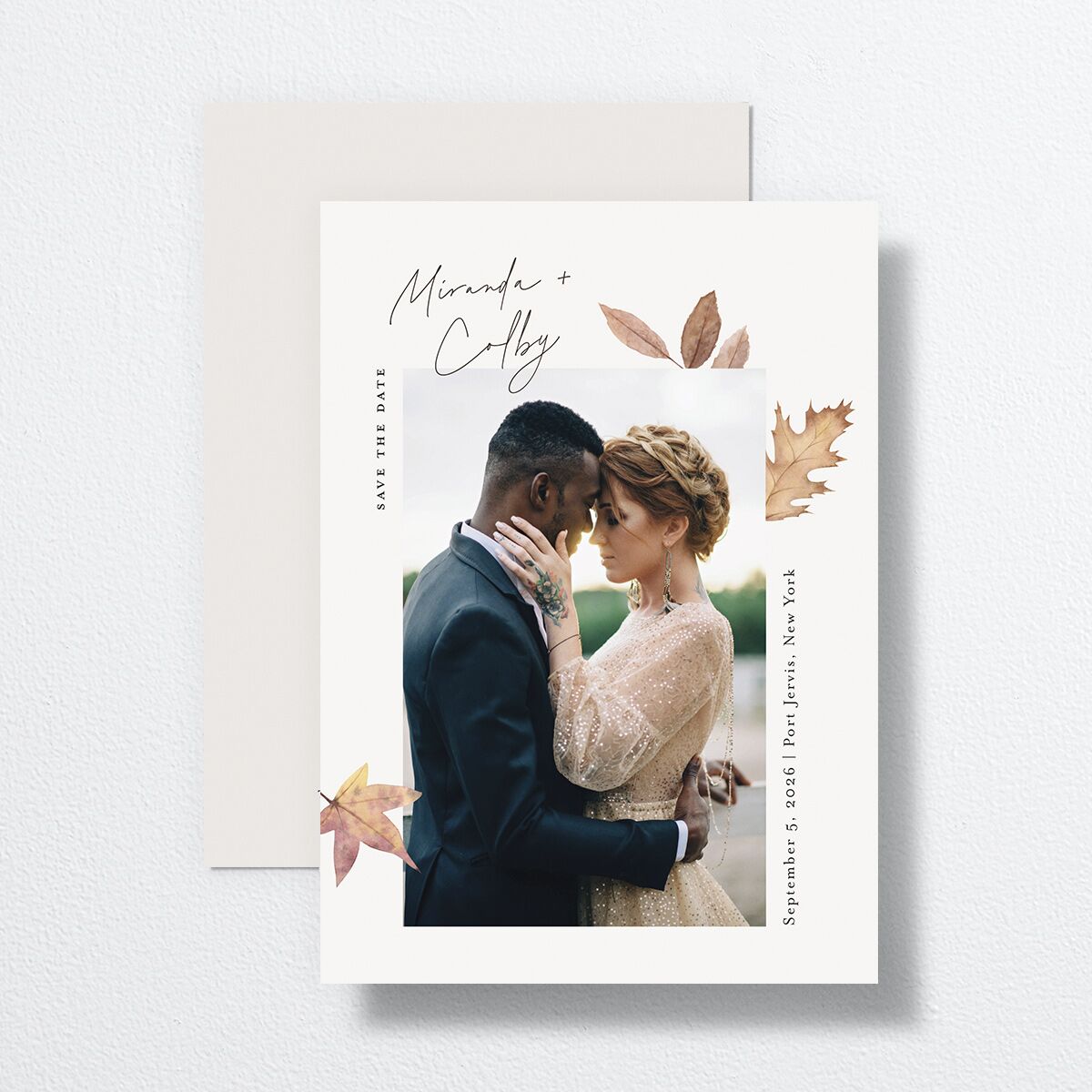 Falling Leaves Save the Date Cards Chestnut Signature smooth No