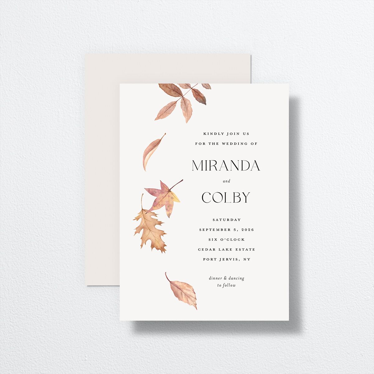 Falling Leaves Wedding Invitations front-and-back in brown