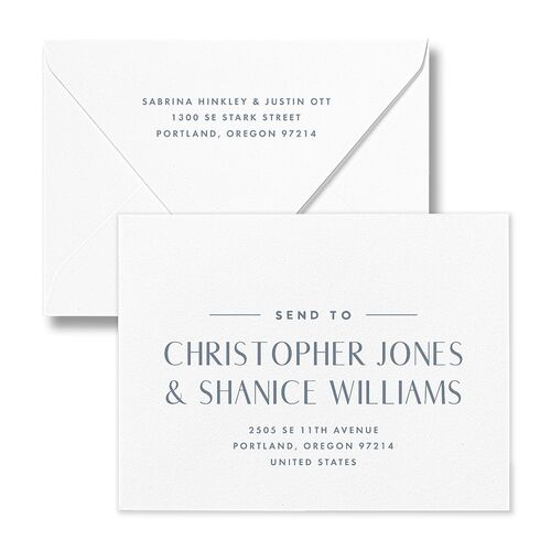 Destination Photo Poster Save the Date Magnet Euro Envelopes Dusty Blue White Both Recipient and Return Addresses Luxe Signature