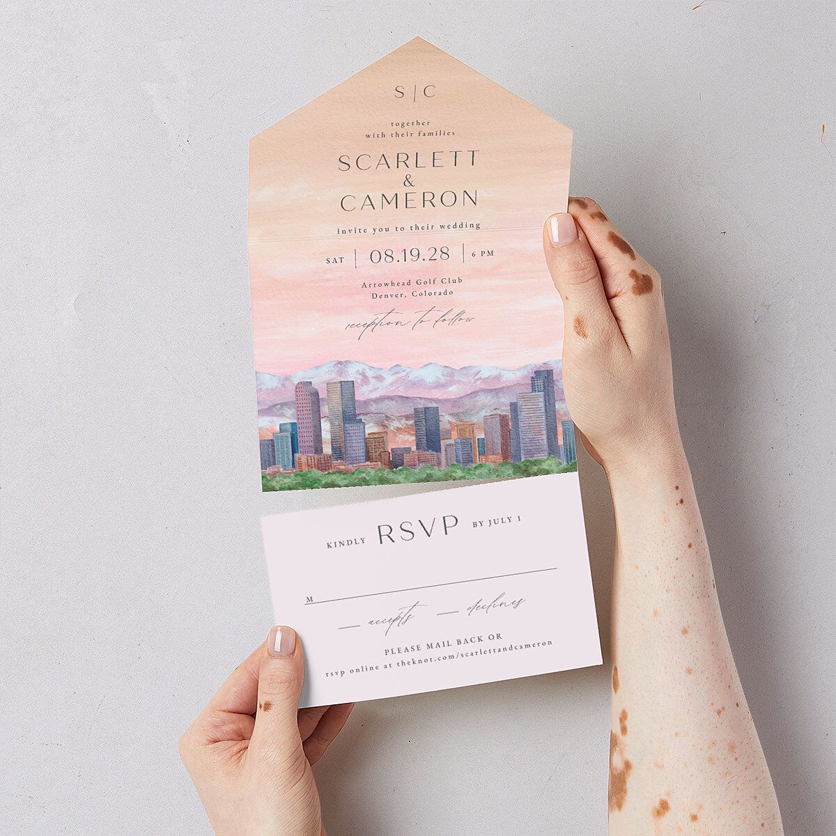 Scenic Denver Colorado All-in-One Wedding Invitations Peach Pink Signature Light Both Recipient and Return Addresses No