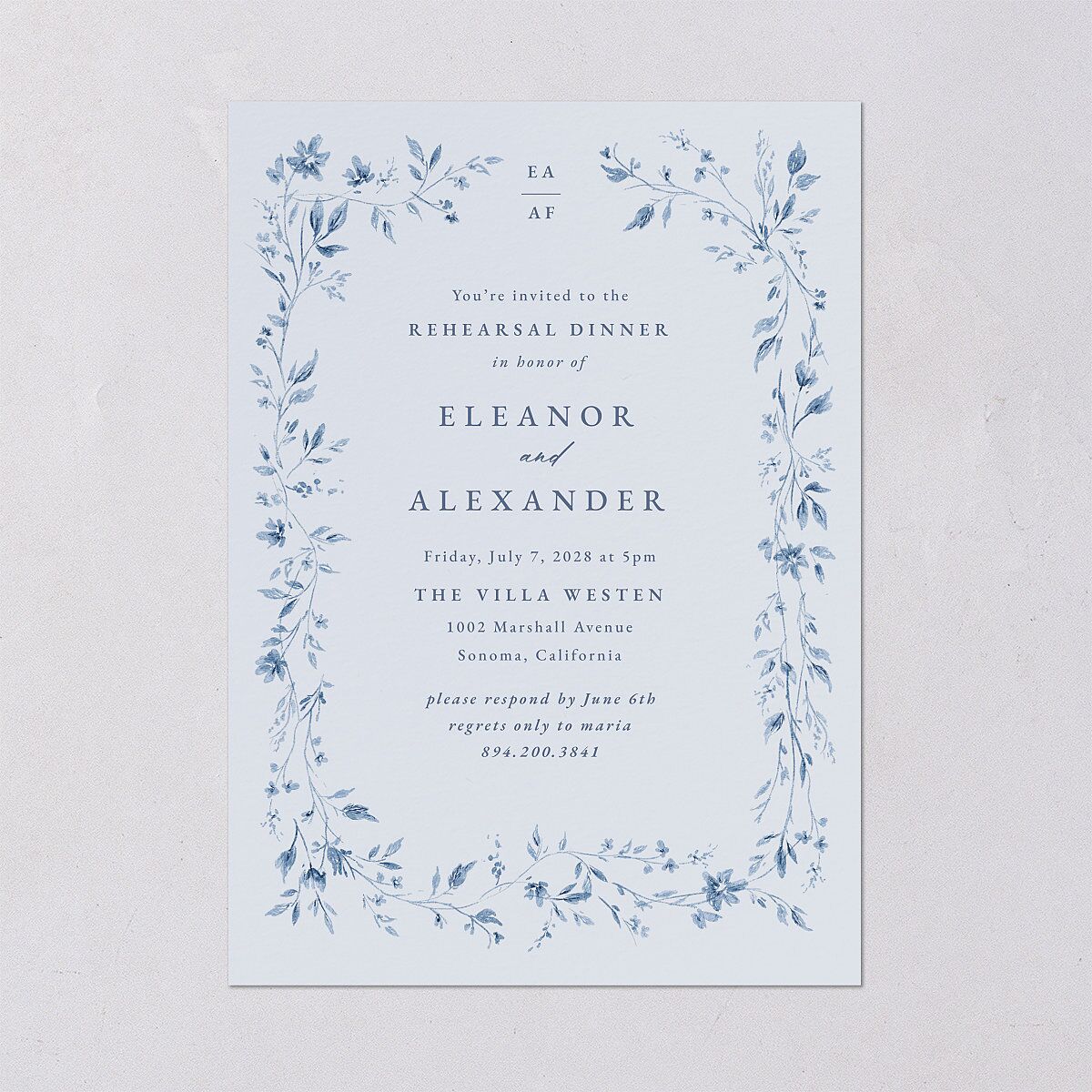Timeless Floral Foil Rehearsal Dinner Invitations Dusty Blue Signature Blank