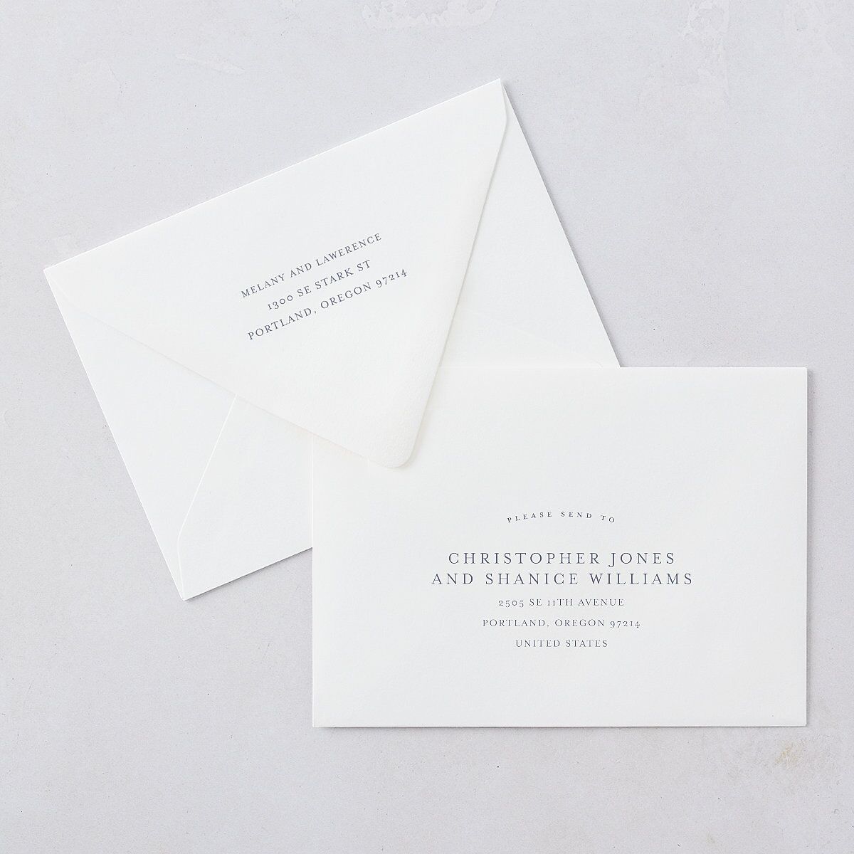 Floral Adornment Wedding Invitation Euro Envelopes White Dusty Blue Both Recipient and Return Addresses Luxe Signature