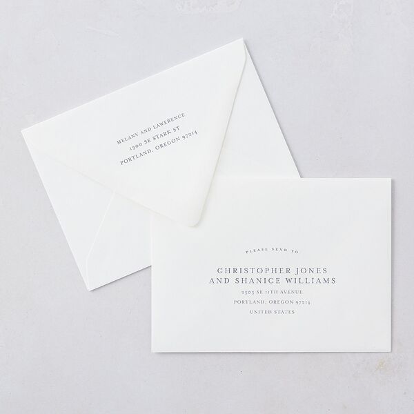 Floral Adornment Wedding Invitation Euro Envelopes White Dusty Blue Both Recipient and Return Addresses Luxe Signature