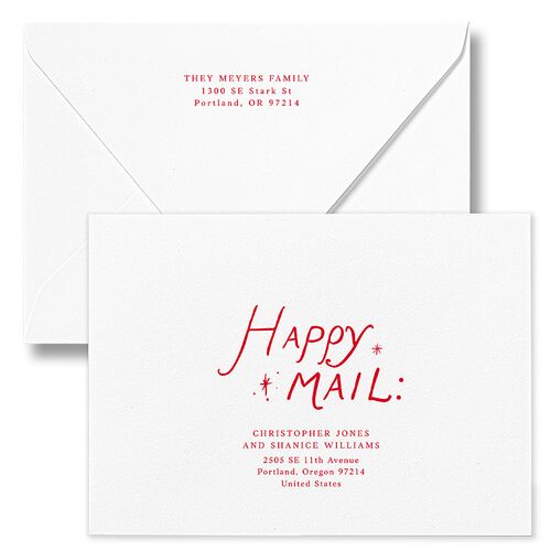 Whimsical Holiday Handwritten Holiday Card Euro Envelopes White Ruby Both Recipient and Return Addresses Luxe Signature