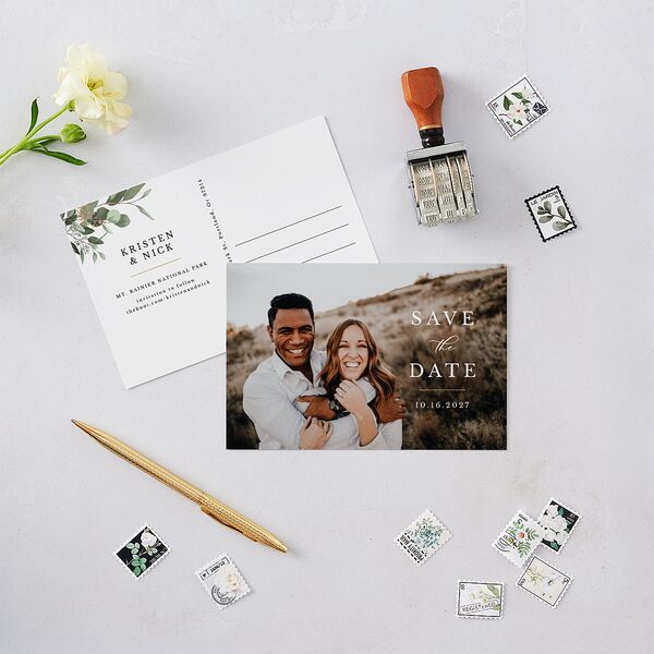 Eucalyptus Frame Save the Date Postcards Pure White Postcard