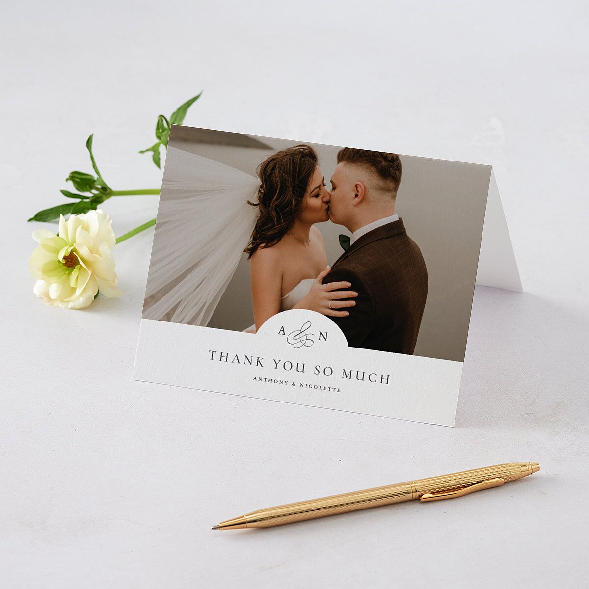Elegant Photo Monogram Thank You Cards Pure White