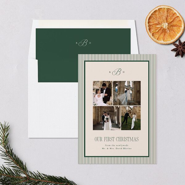 Classic Monogram First Christmas Holiday Cards Dark Emerald Signature Blank Standard