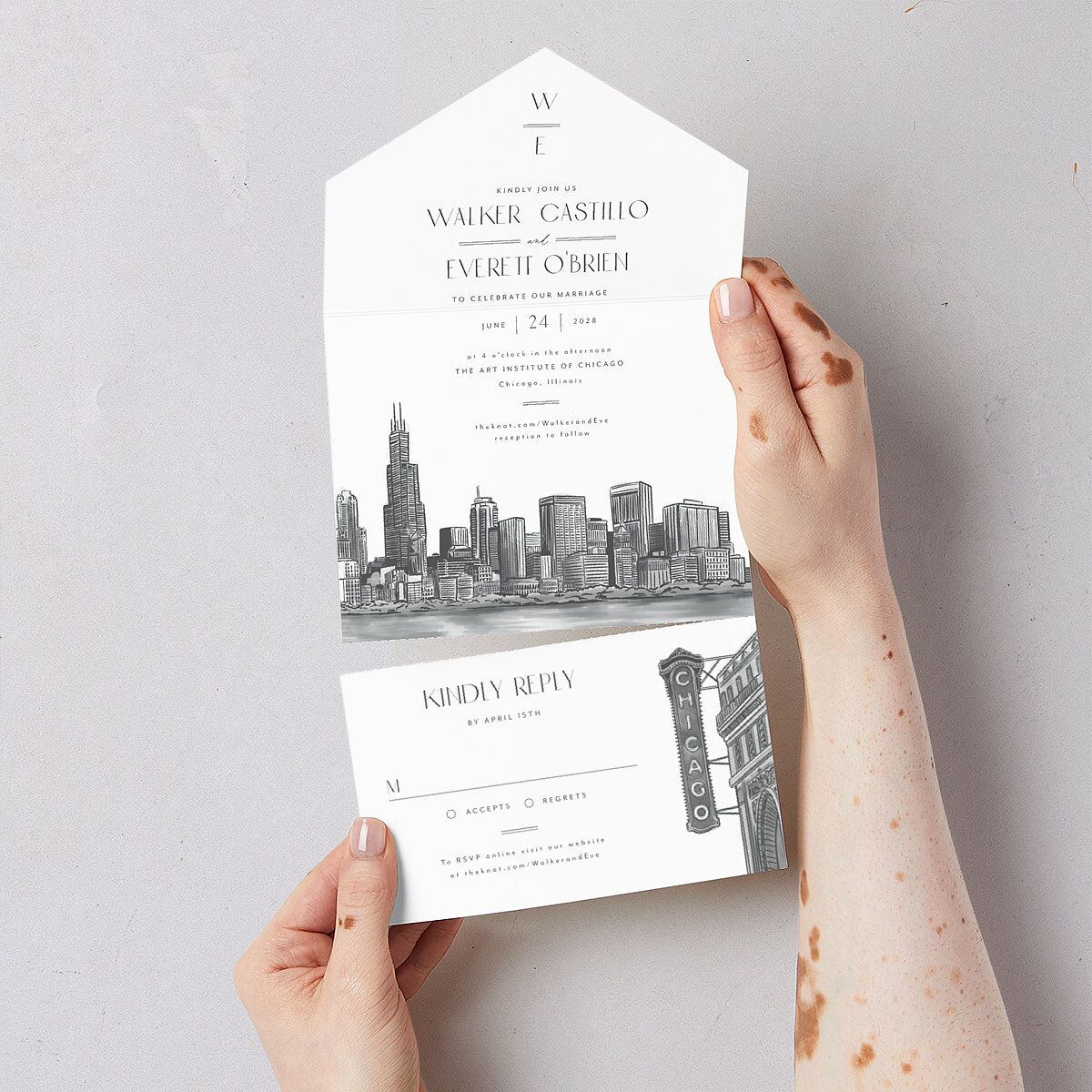 Watercolor Chicago All-in-One Wedding Invitations Licorice Signature Light Both Recipient and Return Addresses No