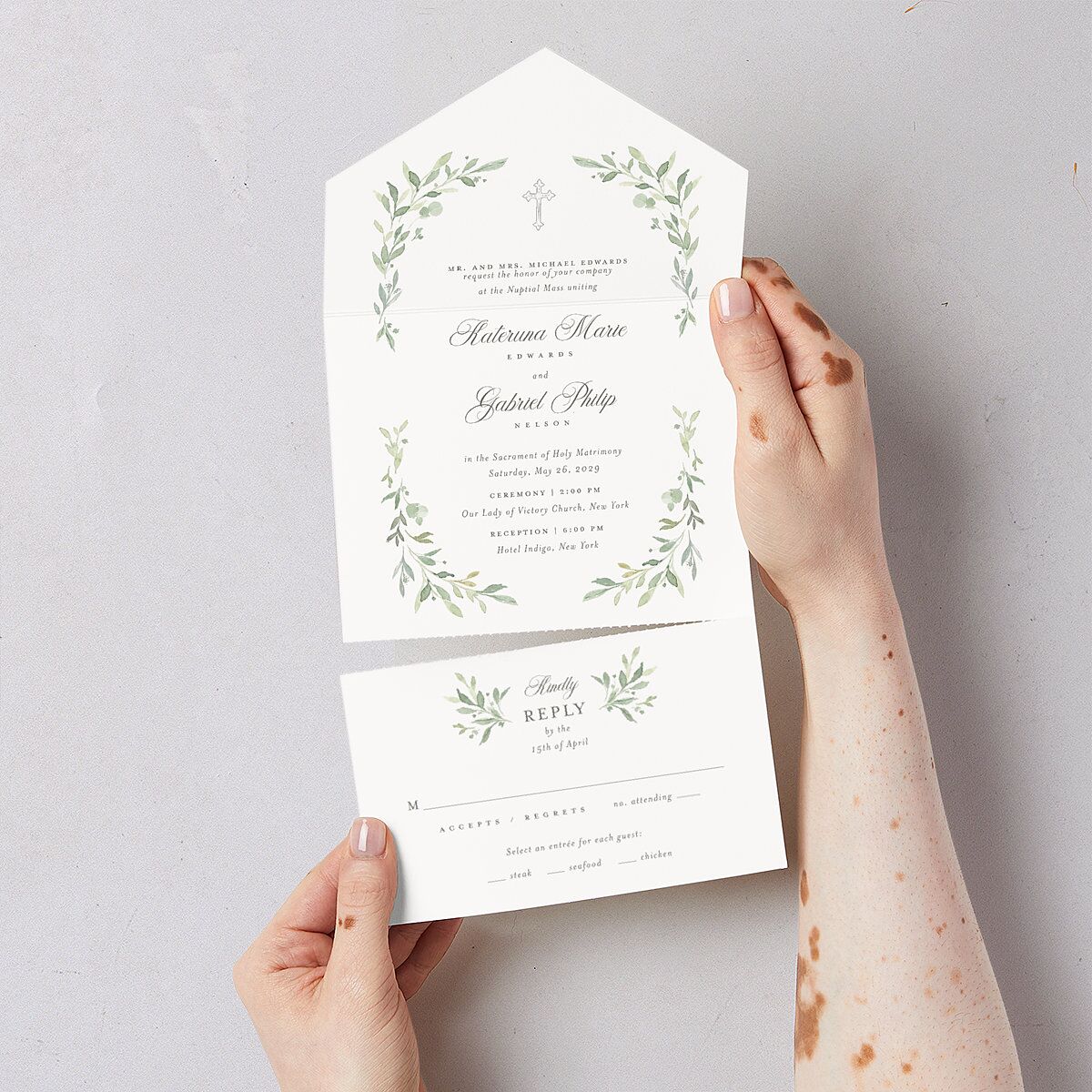 Religious Catholic Cross Greenery All-in-One Wedding Invitations Cotton Signature Light Both Recipient and Return Addresses No