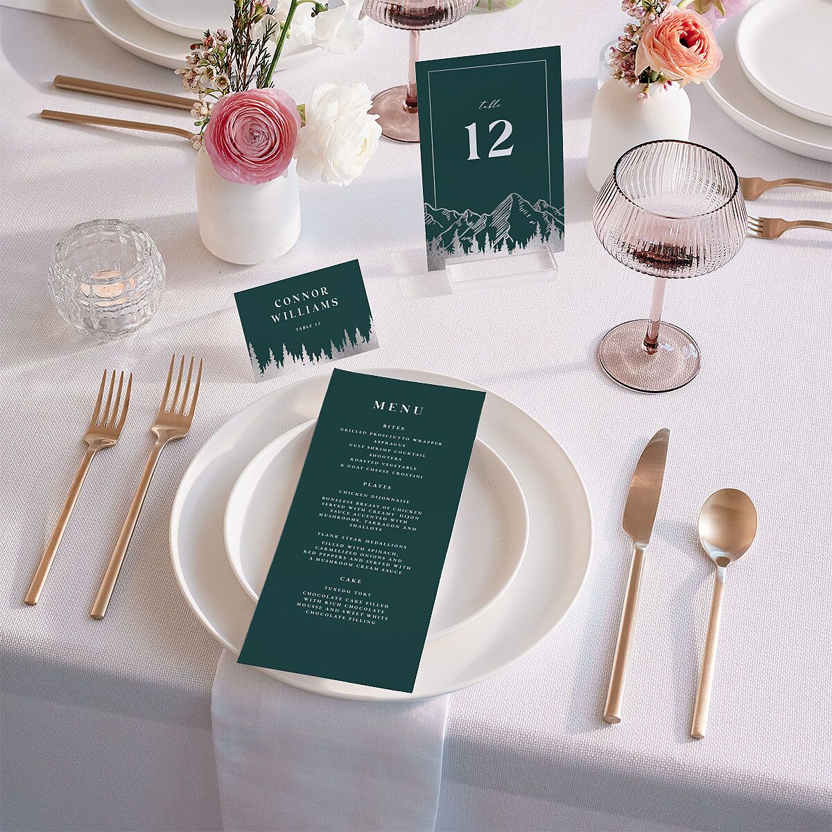 Mountain Escape Foil Menus Silver Dark Emerald Signature