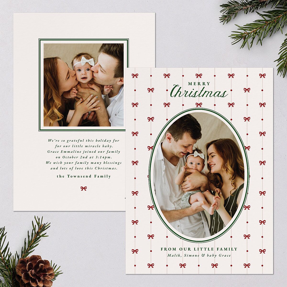 Christmas Bow Pattern Holiday Cards Jewel Red Signature Blank Standard Portrait